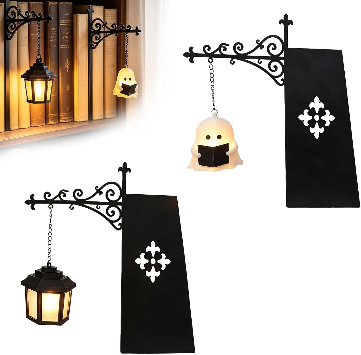 Ghost Bookshelf Lantern, Library Lantern Mini Bookshelf Lamp, Decorative Vintage Library Hanging Resin Lighting