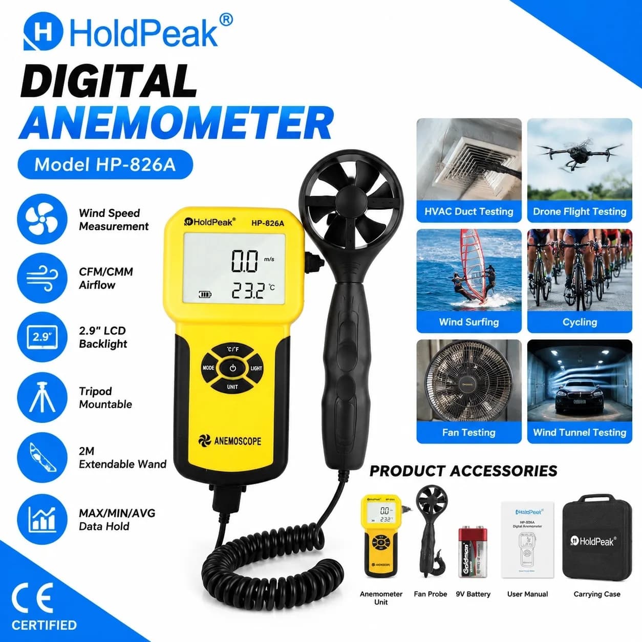 HoldPeak 826A Anemometer 2M Extendable Probe 0-30m/s 5 Units MAX/MIN/AVG 2.9" Backlight Tripod for HVAC Duct