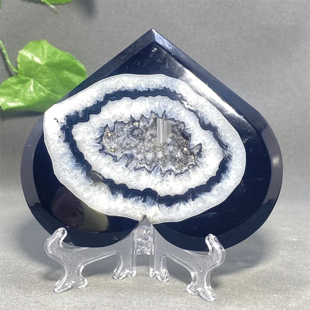 New Natural Black Agate Geode Heart Shape Love Heart Cave Ornaments Meditation Home Decoration + Base