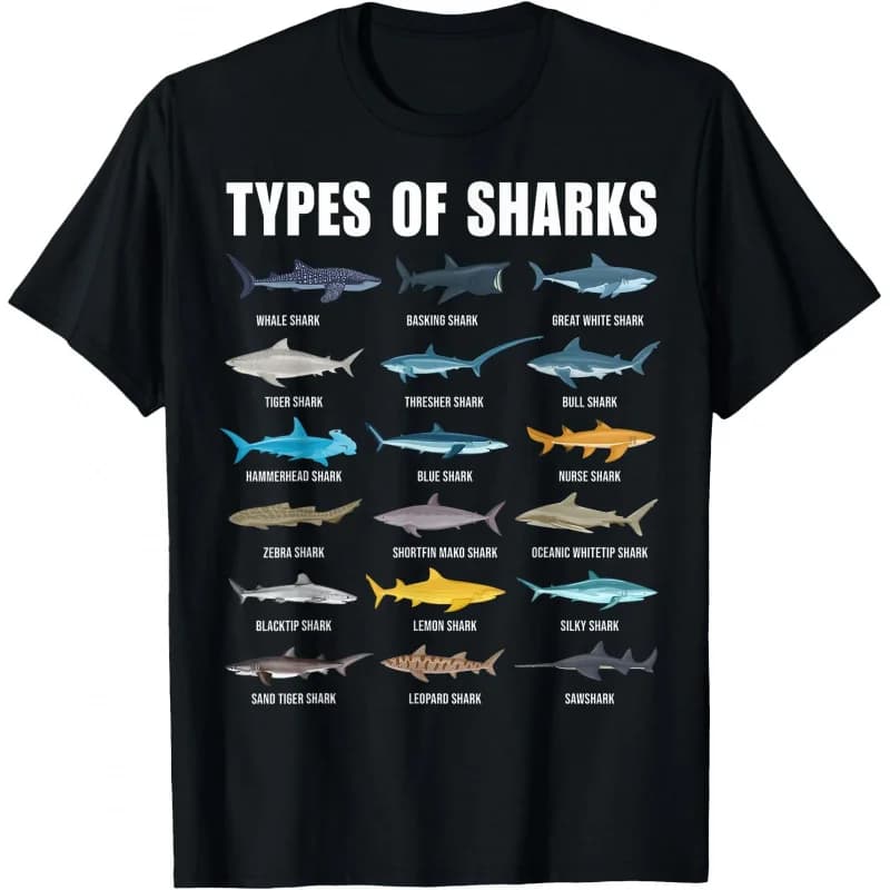 Types of Sharks Educational Shark Species Marine Shark Lover gift t shirt Vintage Graphic Tee 100% cotton clothes All size Tops
