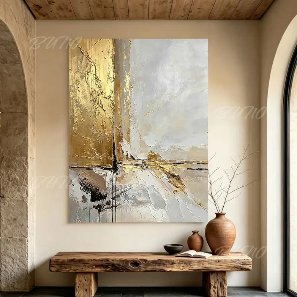 Abstract Oil Painting 100% Handmade Modern Gold Foil Textured Unframed Canvas Wall Art for Living Room Bedroom Decor