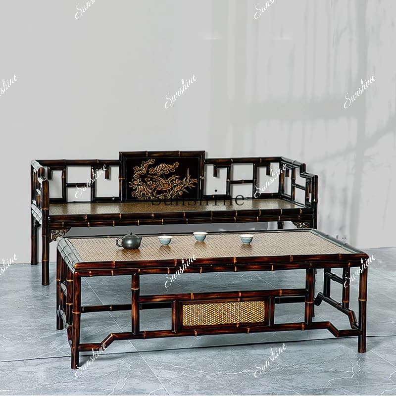 Chinese dragon bamboo coffee table sofa combination living room office furniture with backrest armrest retro  FT