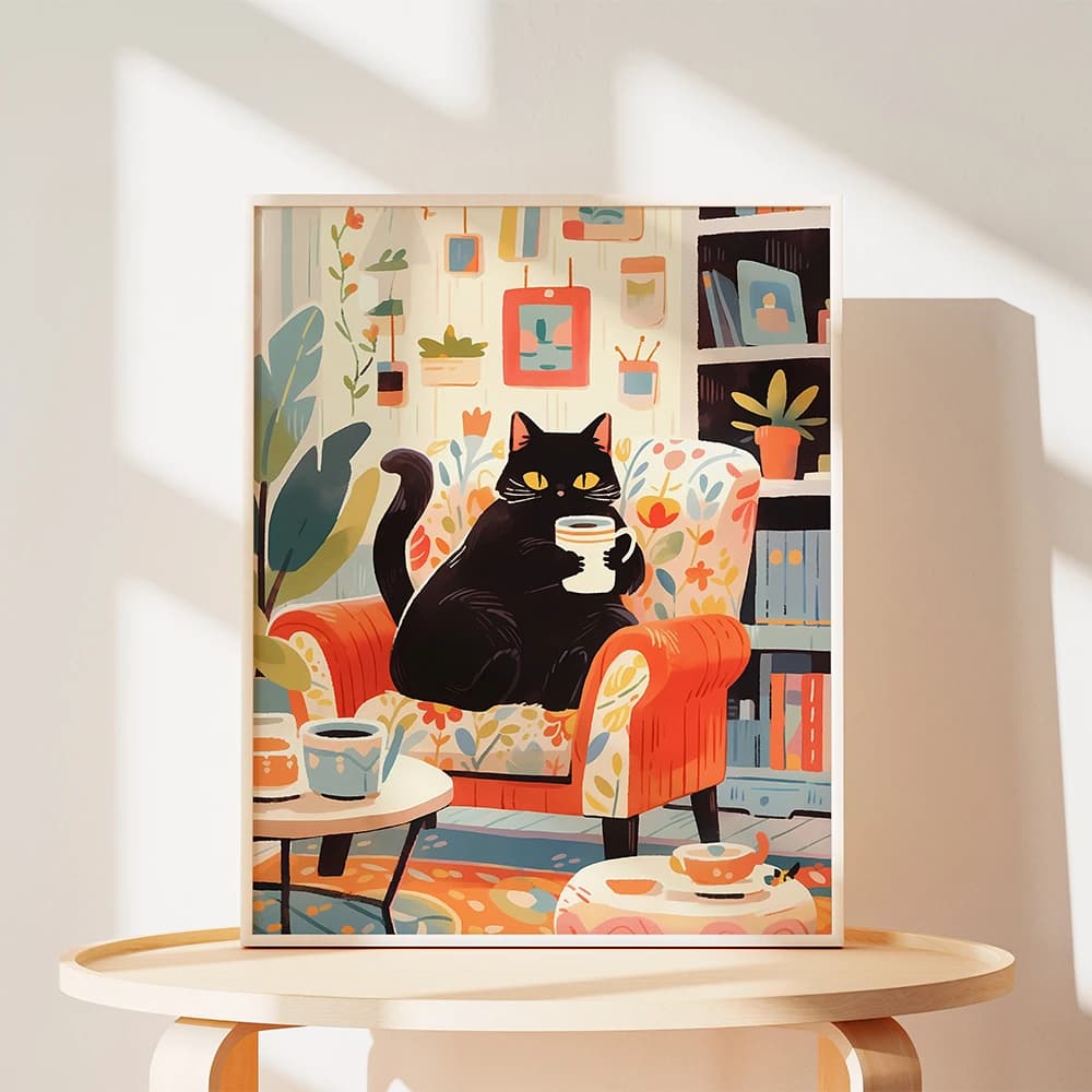 Cute Cats Coffee Drinking Prints Animal Landscape Poster Nordic for Kids Room Canvas Painting Funny Gift Home Decor Pictures