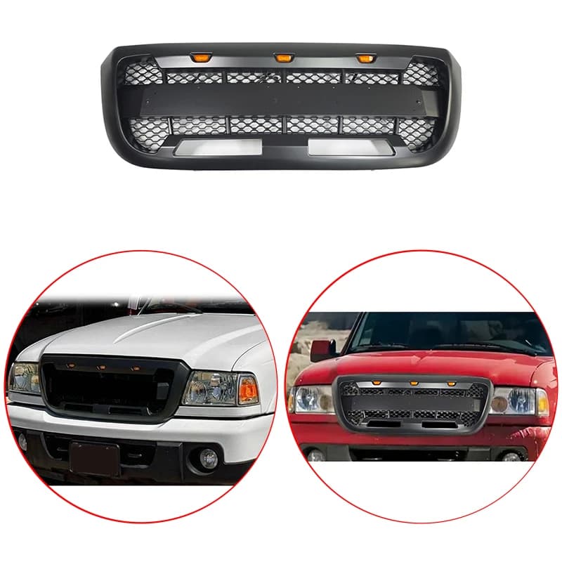 For Ford Ranger 2004-2011 Racing Style With 3/Pcs LED Light Car Front Grille High Quality ABS Racing Grills Black