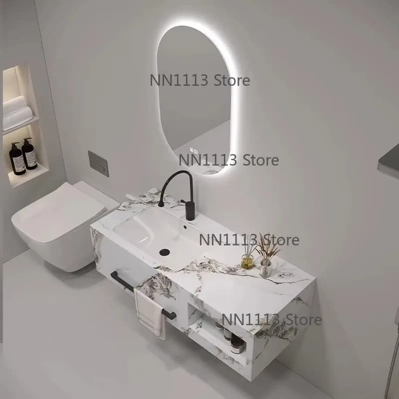 Modern Style Marble Bathroom Vanity Wall-mounted Hotel Suitable Burning Stone Wash Basin Cabinet