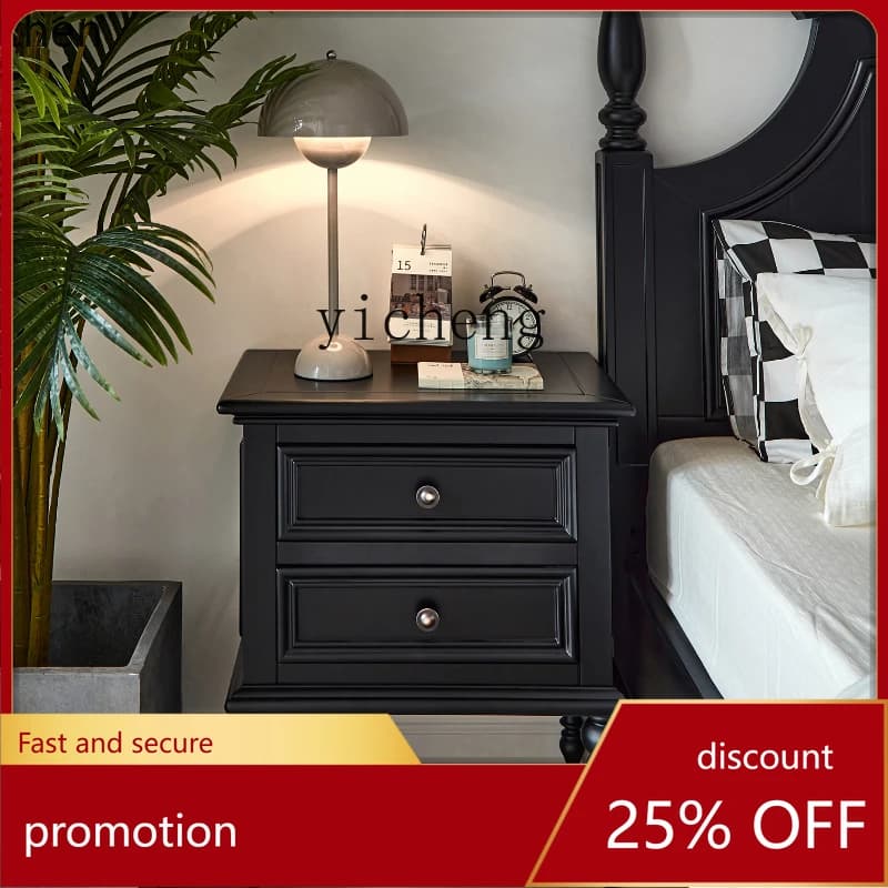 YFY  American Bedside Table Country Solid Wood Light Luxury Modern Simple Black Lamp Cabinet Storage