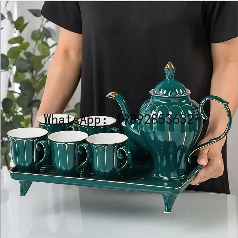 b20Ceramic Coffee Tea Set Nordic Phnom Penh Green White Pot Cup Tray Bar Water Ware Kettle Household Kitchen Supplies Drinkware