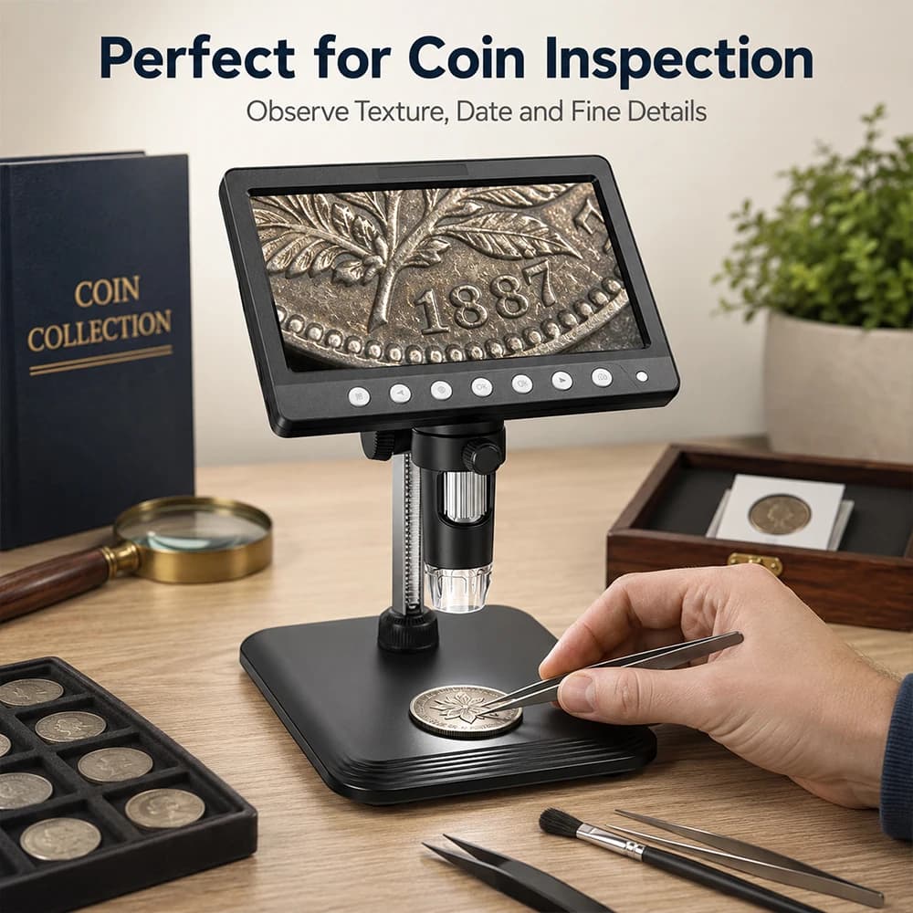 SIHAO 7Inch 5MP 1200X IPS Digital Coin Microscope Ultra-Precise Focusing Camera Microscope 8 LED Lights for Coin Circuit
