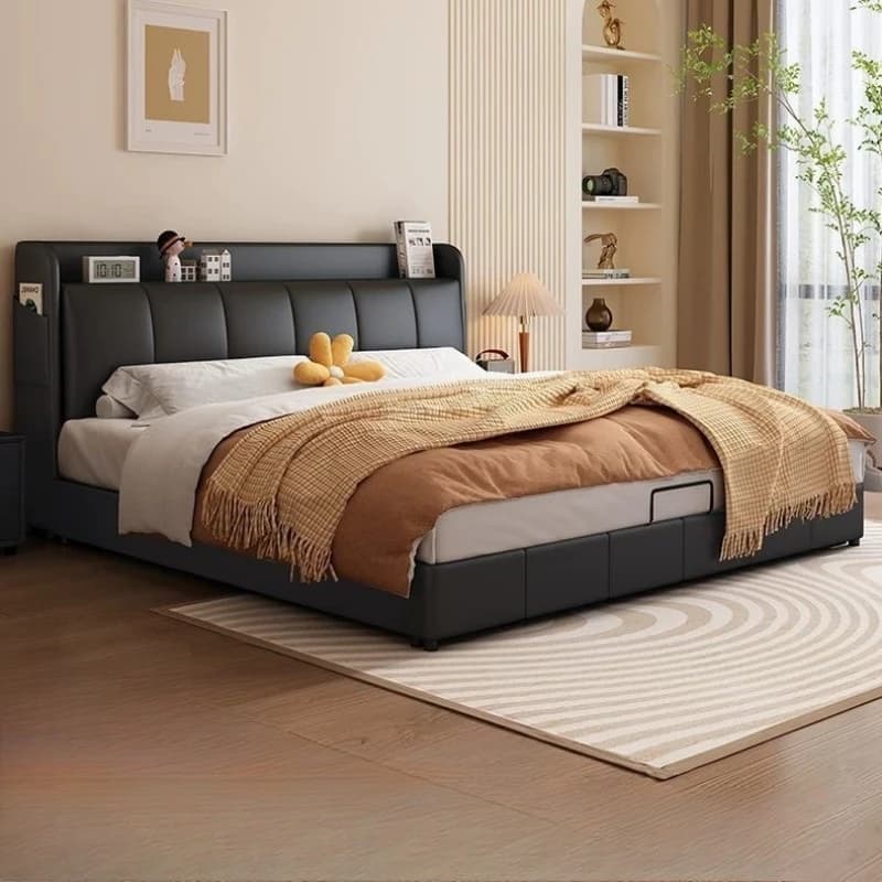 Black leather bed luxury family Comfortable modern bed frame  single 180x200 Italian bases e armações de cama bedroom furniture