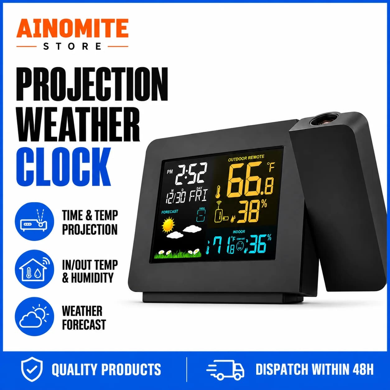 5-in-1 Weather Projection Alarm Clock – DCF Atomic Time Auto-Setting, Indoor Outdoor Temperature & Humidity Monitor, Expandable