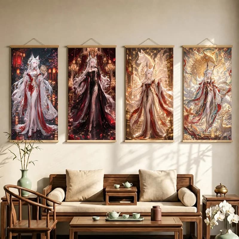 Wuthering Waves Hanging Scroll with Fantasy Figures in Ornate Flowing Robes and Dramatic Red and Gold Imagery for Bedroom