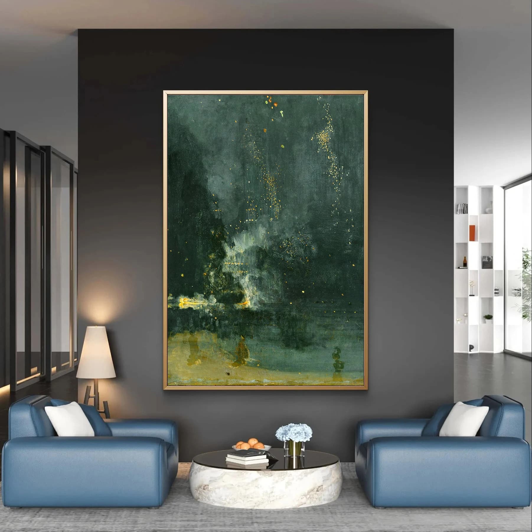 Black Gold Nocturne, Autumn Rocket, James McNeil Whistler's work, abstract painting print poster, dark green modern home décor.