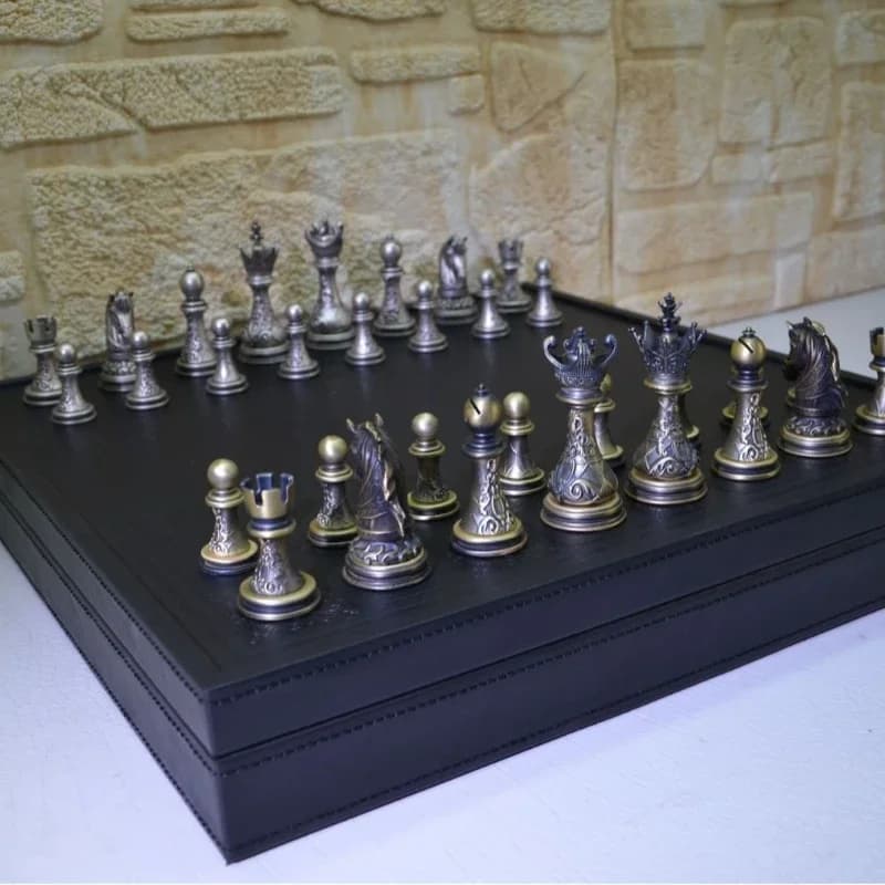 Chess, High-End Leather Chessboard Chess Box Integrated, Alloy Silver-Plated Chess Pieces