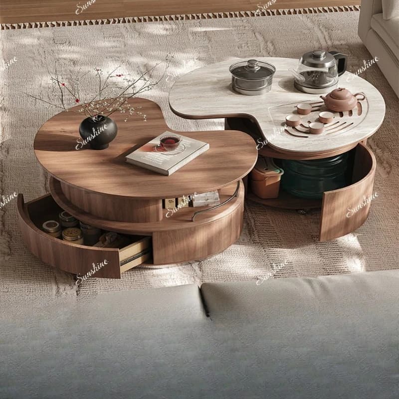 Living room household small apartment travertine rock slab multi-functional movable coffee table tea integrated FT