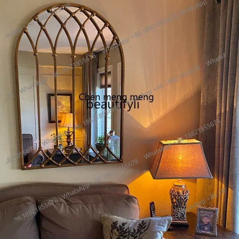 cqyRetro French wall-mounted cosmetic mirror living room creative arch mirror entrance wall-mounted decorative mirror