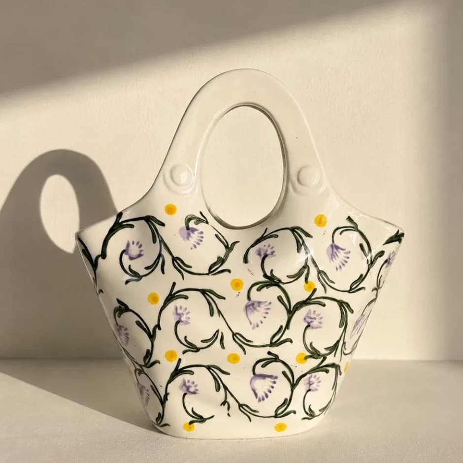 Large-diameter ceramic vase retro handbag flower vessel high-end tabletop decoration entryway living room floral arrangement