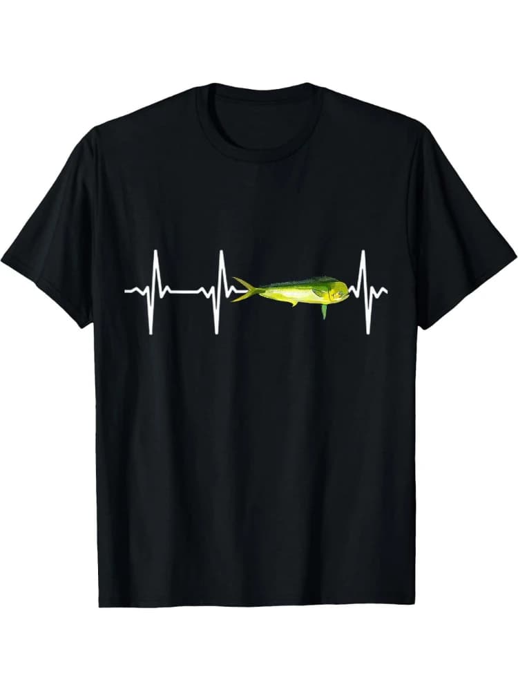 Mahi Mahi Heartbeat Saltwater Fishing -with Fish Jumping & EKG Pulse Design  -100% cotton short sleeve O-neck printed T-shirt.