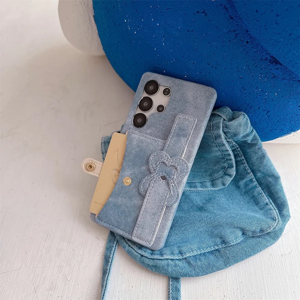 S26 Ultra Chic Vintage Heart Bow Wrist Strap Phone Case for SamSung Galaxy S25 S24 S23 Girly Jeans Texture Card Holder Cover