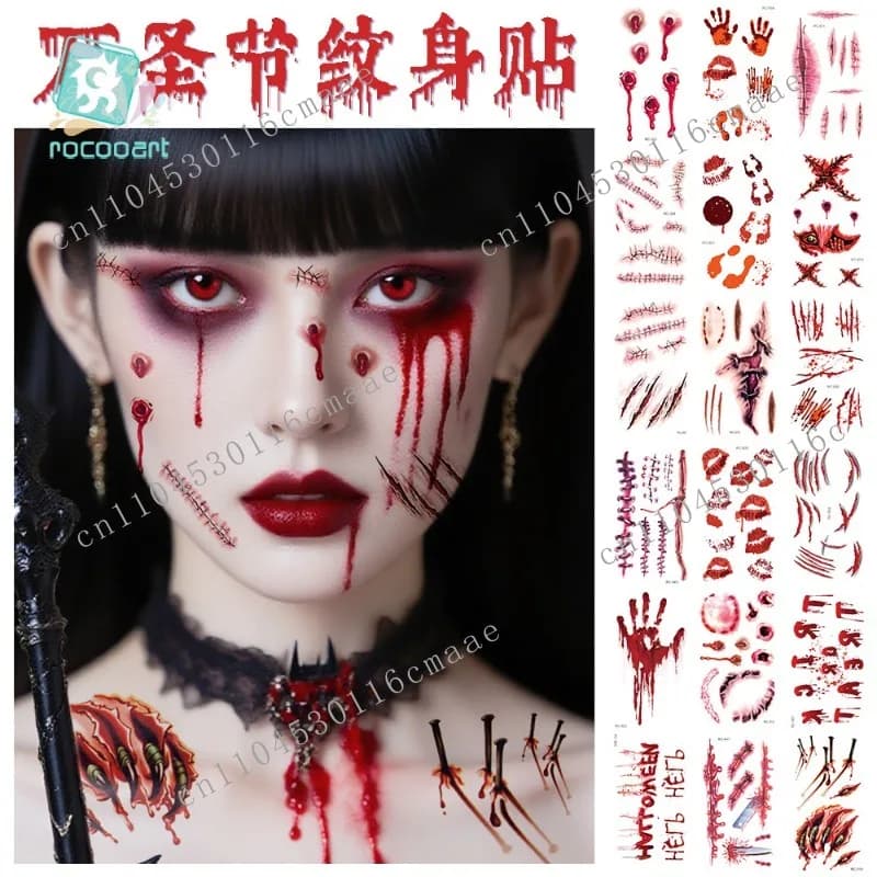 Halloween Tattoo Stickers Face Waterproof Horror Face Stickers Wound Realistic Bloodstains Scar Scar Pattern Makeup Stickers