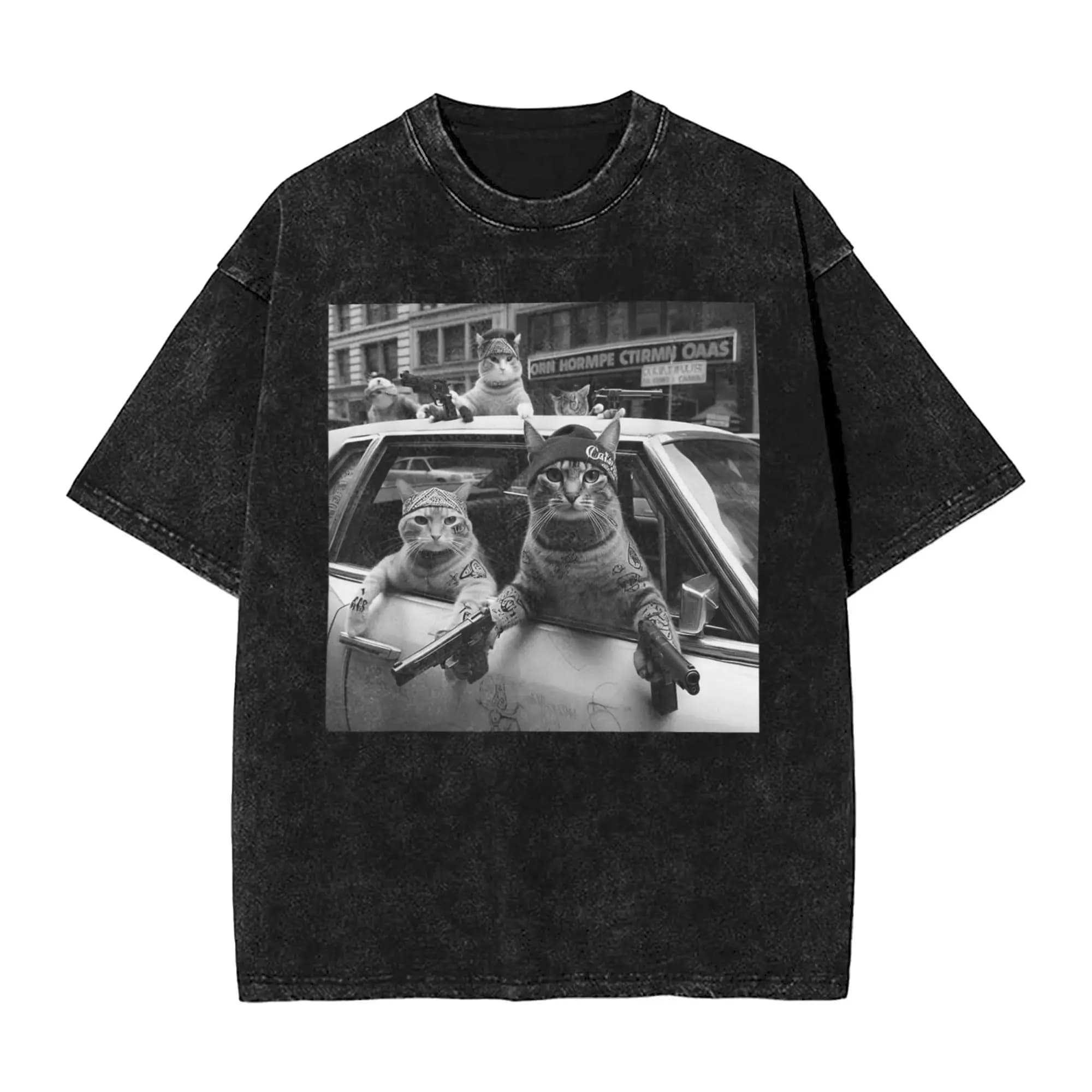 Funny Funny Gangster Cats Street Design T-Shirt Men Round Neck Cotton Washed T Shirt  Short Sleeve Tees Plus Size Clothing