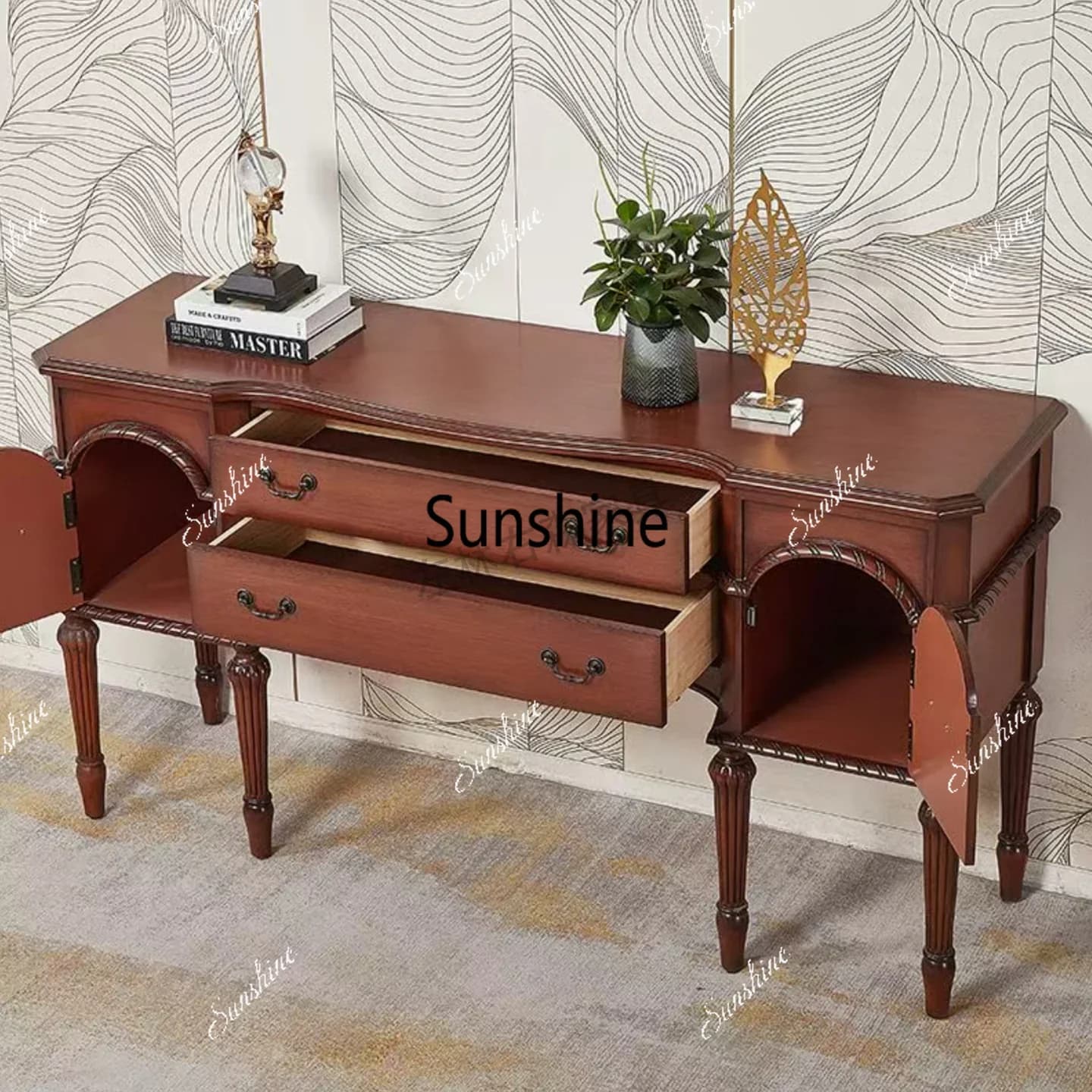 French retro solid wood dining side cabinet carved locker drawer storage cabinetTJ