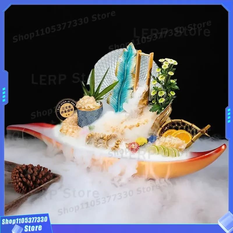 Creative Golden Branch Jade Leaf Sashimi Plate High End Seafood Platter for Salmon Raw Fish Ice Display Dry Ice Tableware