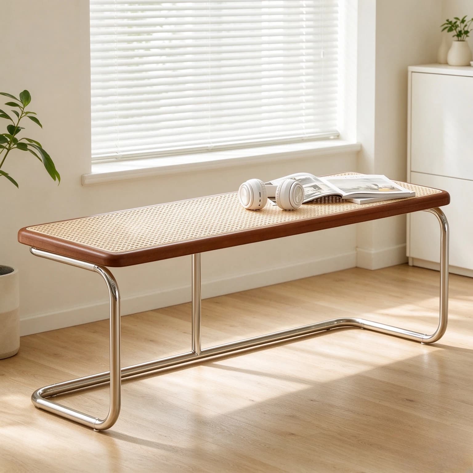 Nordic Rattan Weave Shoe Bench, Long Woven Entryway Seat for Hallway, Bedroom, Dressing Room and Home Shoe Changing Area