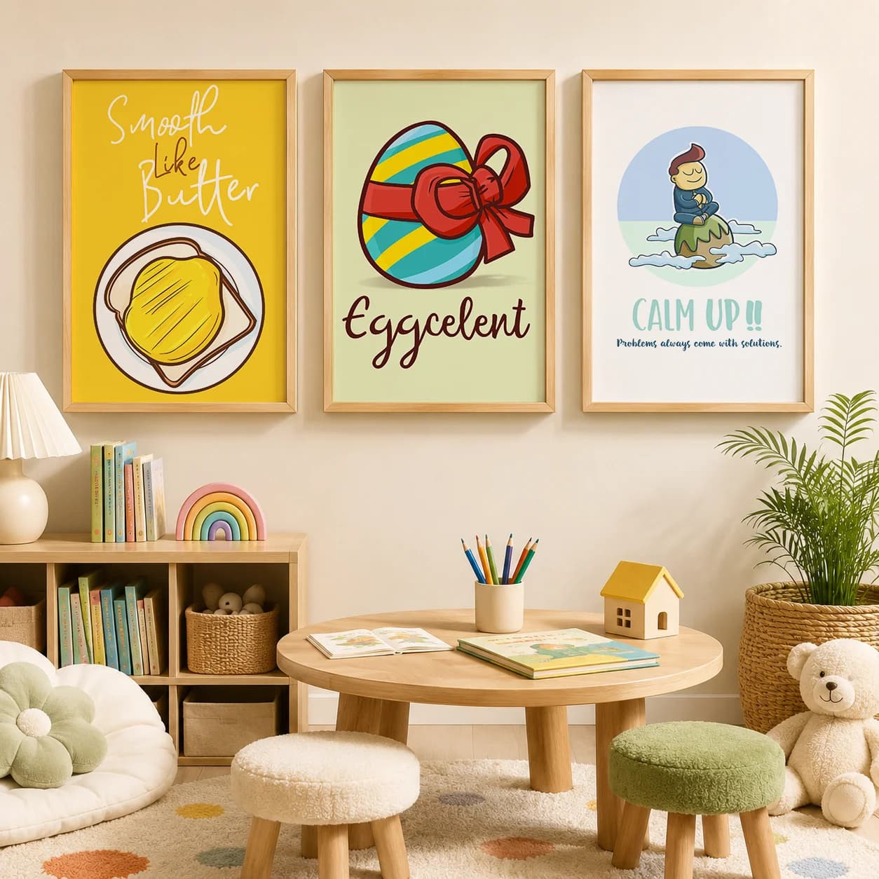 Cartoon Nursery Wall Art, Funny Animal Food Canvas Painting, Colorful Quote Poster Print for Baby Boy Girl Kids Bedroom Decor