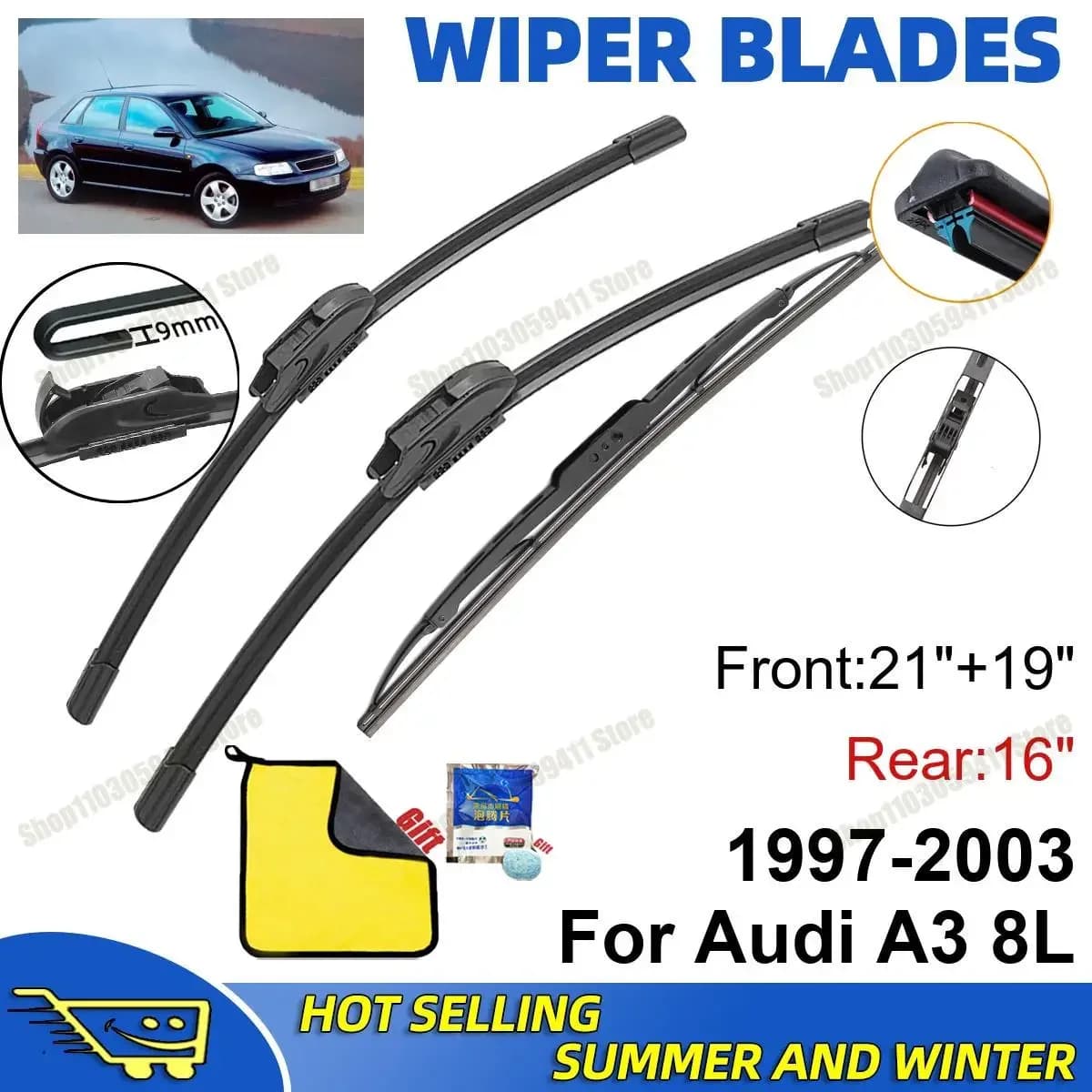 Juego de 3 escobillas limpiaparabrisas delanteras y traseras de 21 pulgadas + 19 pulgadas + 16 pulgadas para Audi A3 8L 1997-200