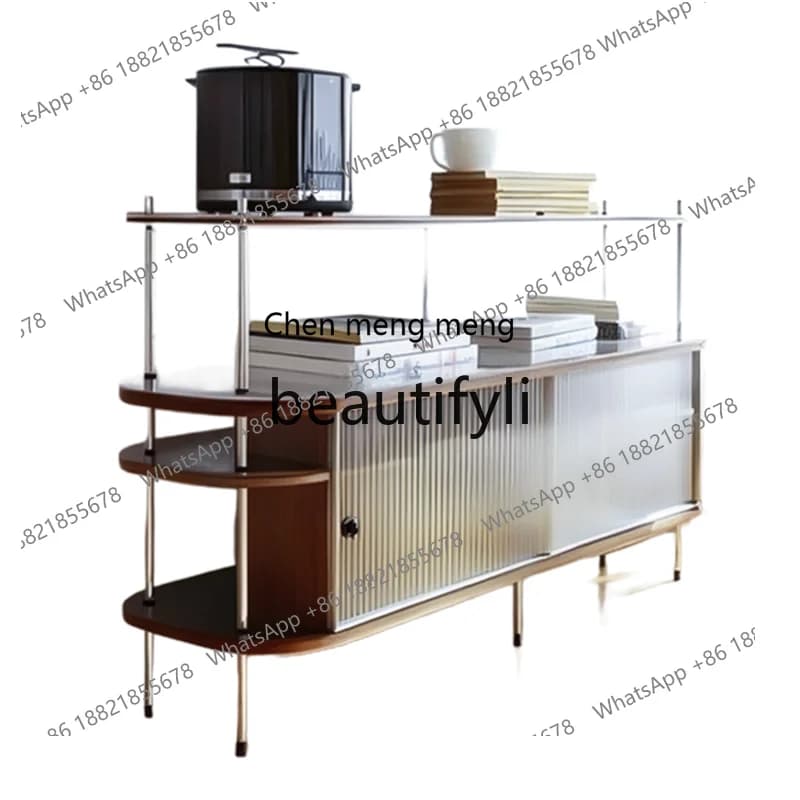 Stainless steel solid wood dining side cabinet modern simple   locker milk tea coffee shop storage cabinet light luxury