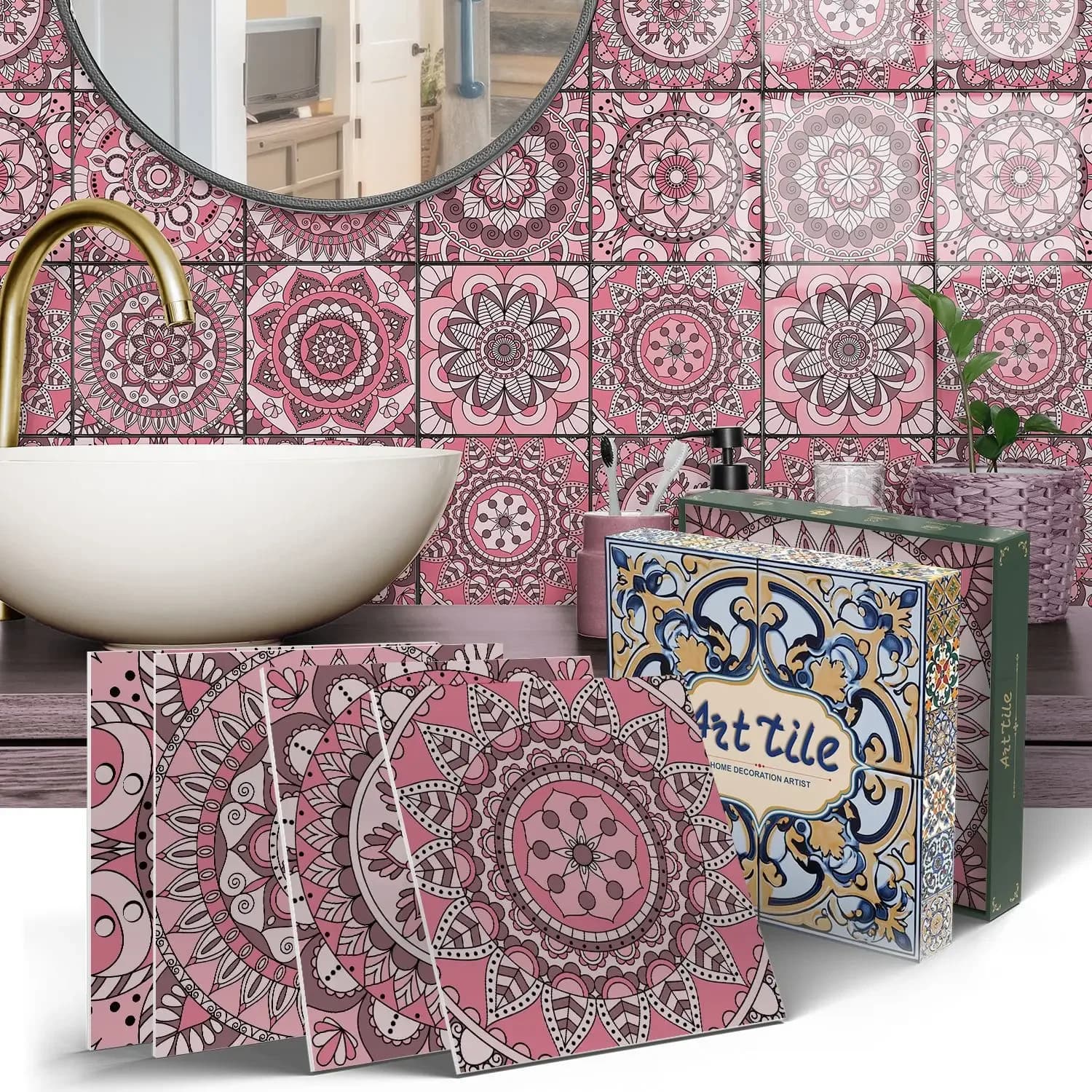 12Pcs/set 3D Retro Printing Tiles Stickers PET Thickened Foam Waterproof Self-adhesive Art Tile Decal for Kitchen And Bathroom