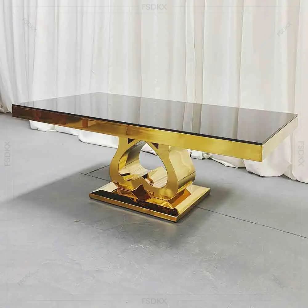 Luxury Rectangle Wedding Event Stainless Steel Gold Hotel Dining Table