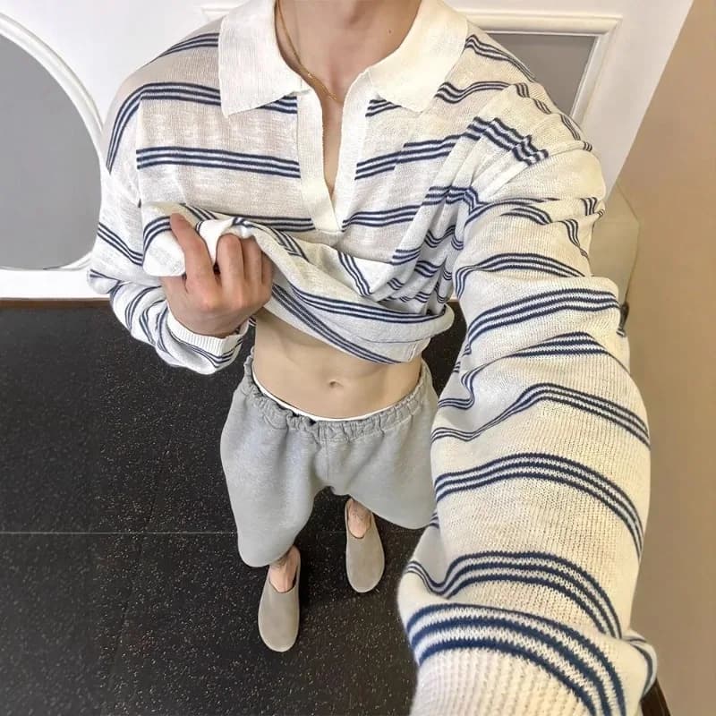 V-neck Striped Knitted Polo Shirt Long Sleeved Slightly Transparent Elasticity T-shirt Men's Spring Light Breathable Casual Top