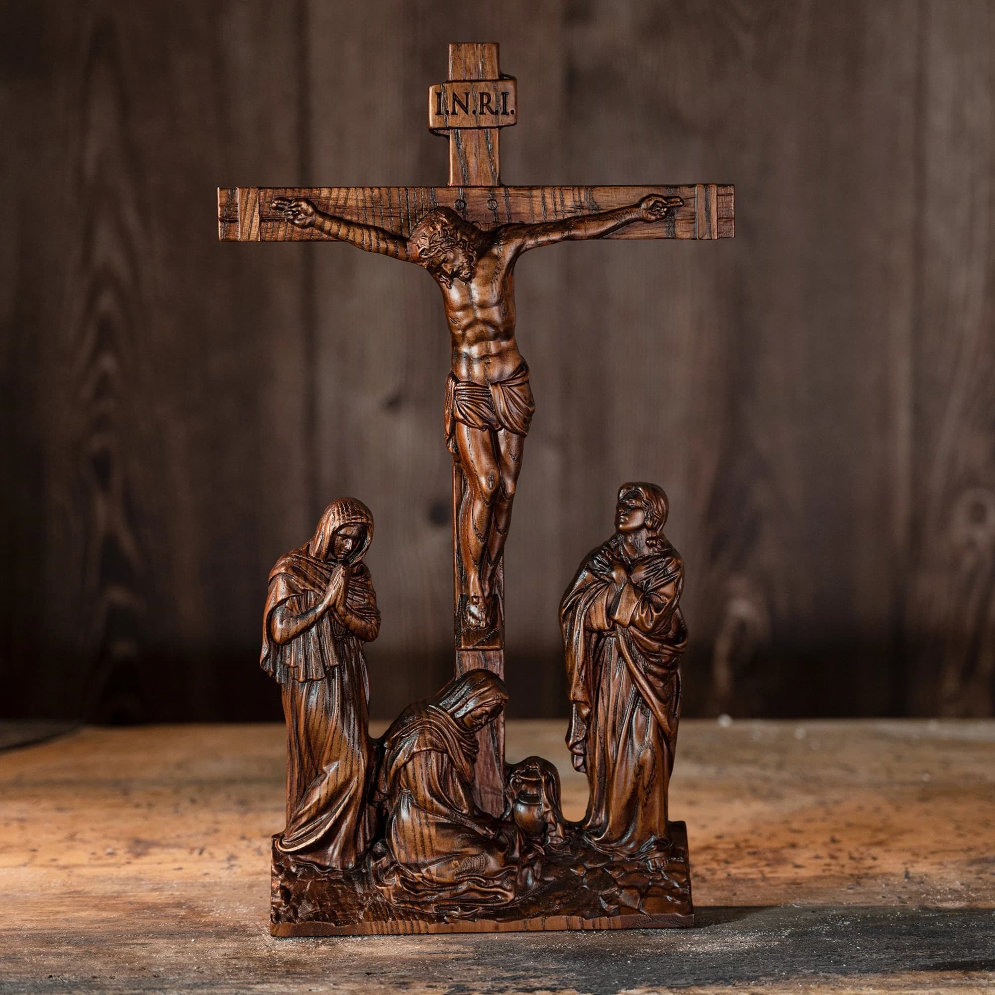 Hand‑Carved Crucifixion Scene Wooden Statue Jesus Christ INRI Cross Sorrowful Figures Figurine Catholic Religious Ornament Home