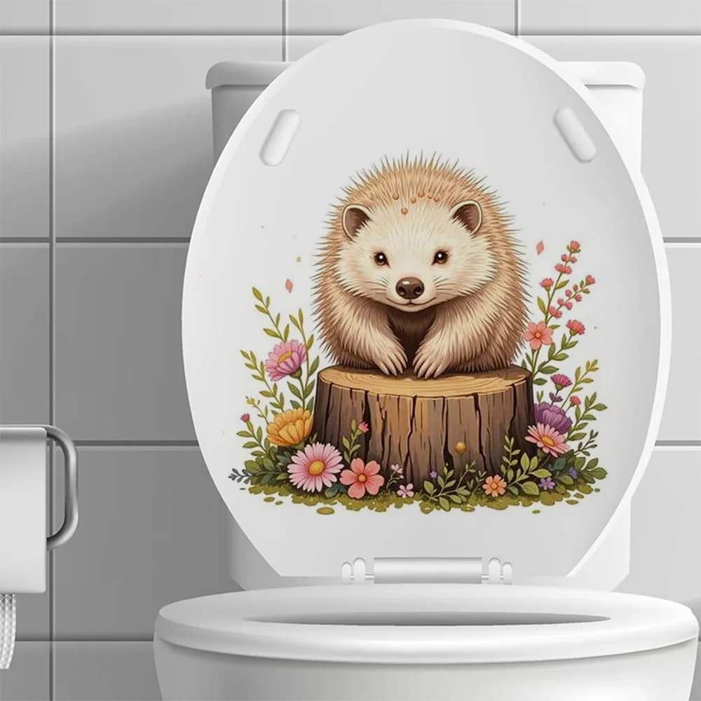 Cute Hedgehog with Tea Cup Stickers, Bright Bathroom for Home Decoration, Vinyl Car Decals, Art Wall Paper, Poster
