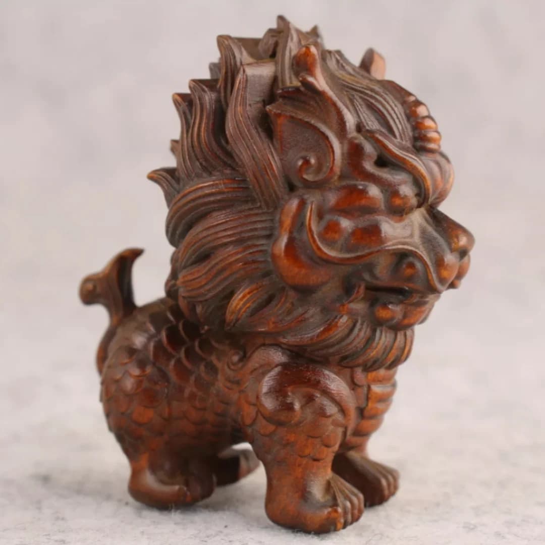 Mini Chinese Boxwood Handwork Kirin Statue Figure Fengshui Gift Home Decor