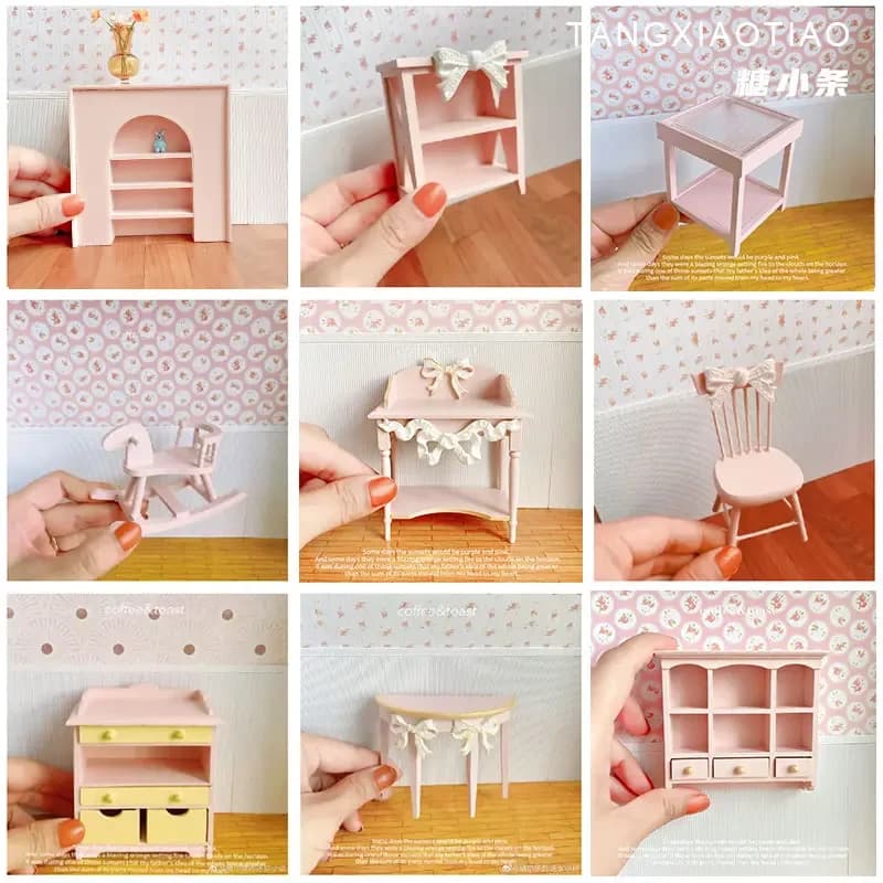 Dollhouses Pink Miniature Wooden Furniture Girl's Dollhouse Mini Cabinet Coffee Table Dollhouse Decor Toys for Children Gifts