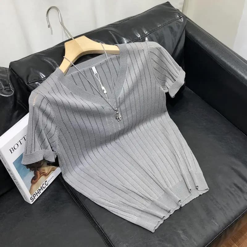 2024 New Summer Minimalist Casual Loose V-neck Striped Hollow Ice Silk Short Sleeved Oversized Knitted Solid Color Men's Top