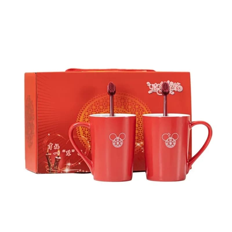 Festive red wedding dowry washing and brushing cup, a pair of couple ceramic mouthwash cups
