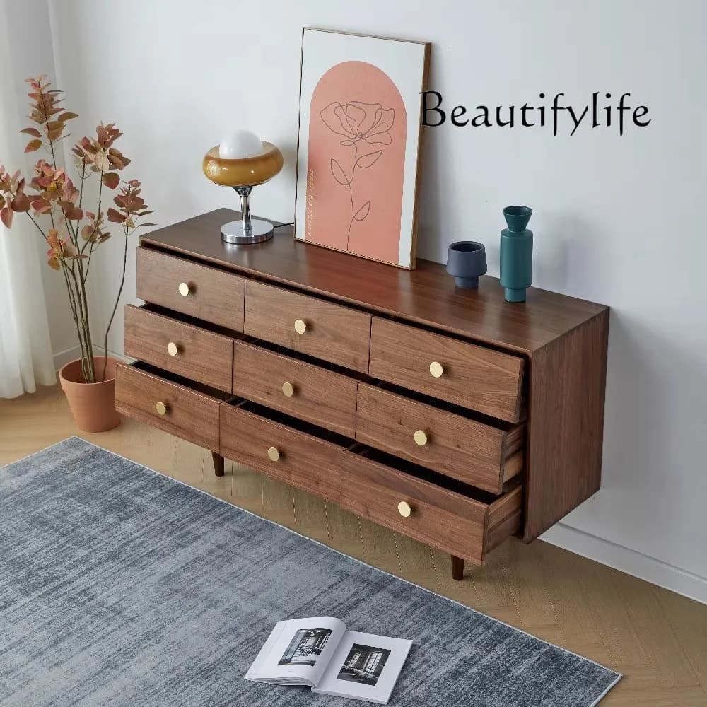 Black Walnut Nordic Solid Wood Storage Side Cabinet Bedroom Living Room Storage Cabinet Modern Solid Wood Furniture
