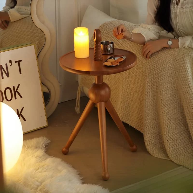 Solid Wood End Table Mobile Round Accent Tables for Small Space Vintage Bedside Sofa Side Tables Creative Balcony Lounge Table