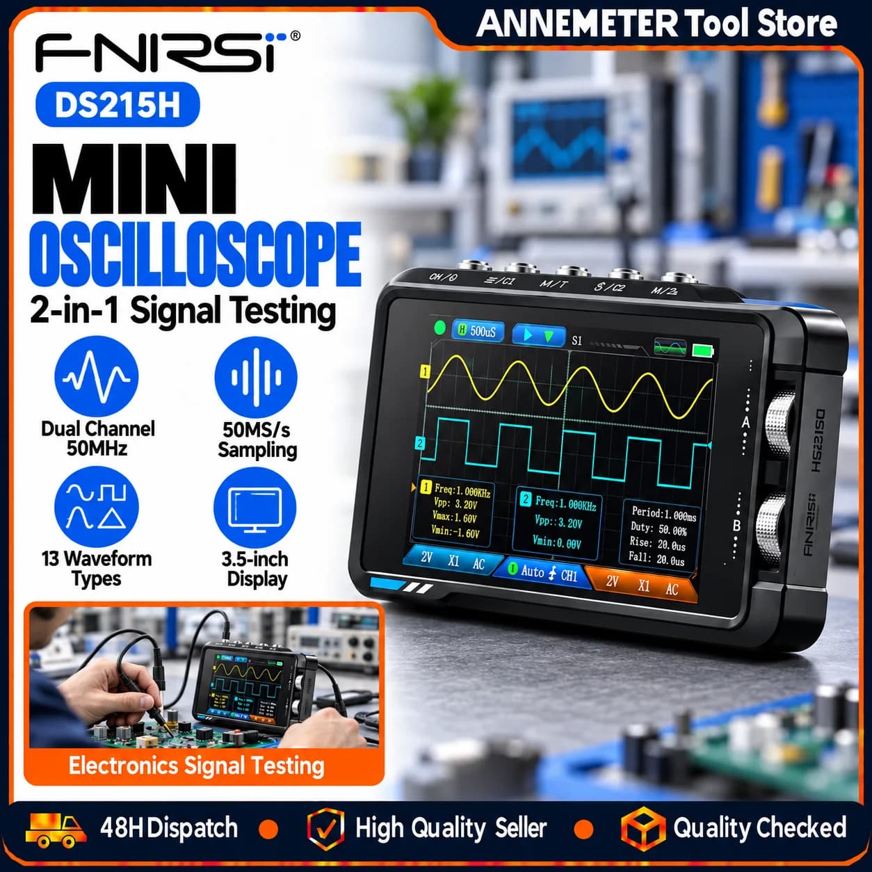 FNIRSI DS215H Portable Handheld Oscilloscope for Electronics Repair-2 Channel 50MHz 250MS/s with DDS Signal Generator