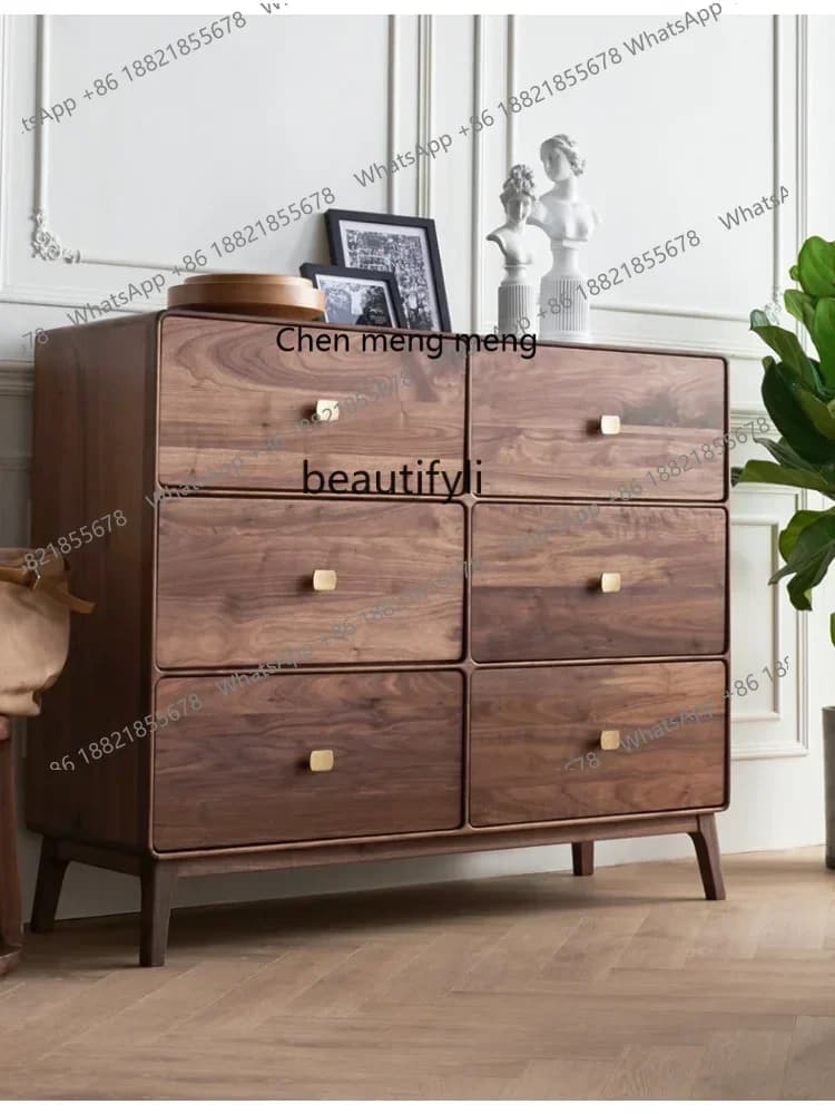 X A Black Walnut Solid Wood Chest of Six Drawers Bedroom Drawer Storage Cabinet