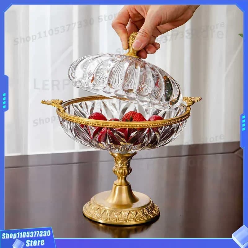 European Style Brass Crystal Glass Fruit Plate Elegant Court Wind Flower Candy Jar Living Room Home Decor Snack Bowl Ornament
