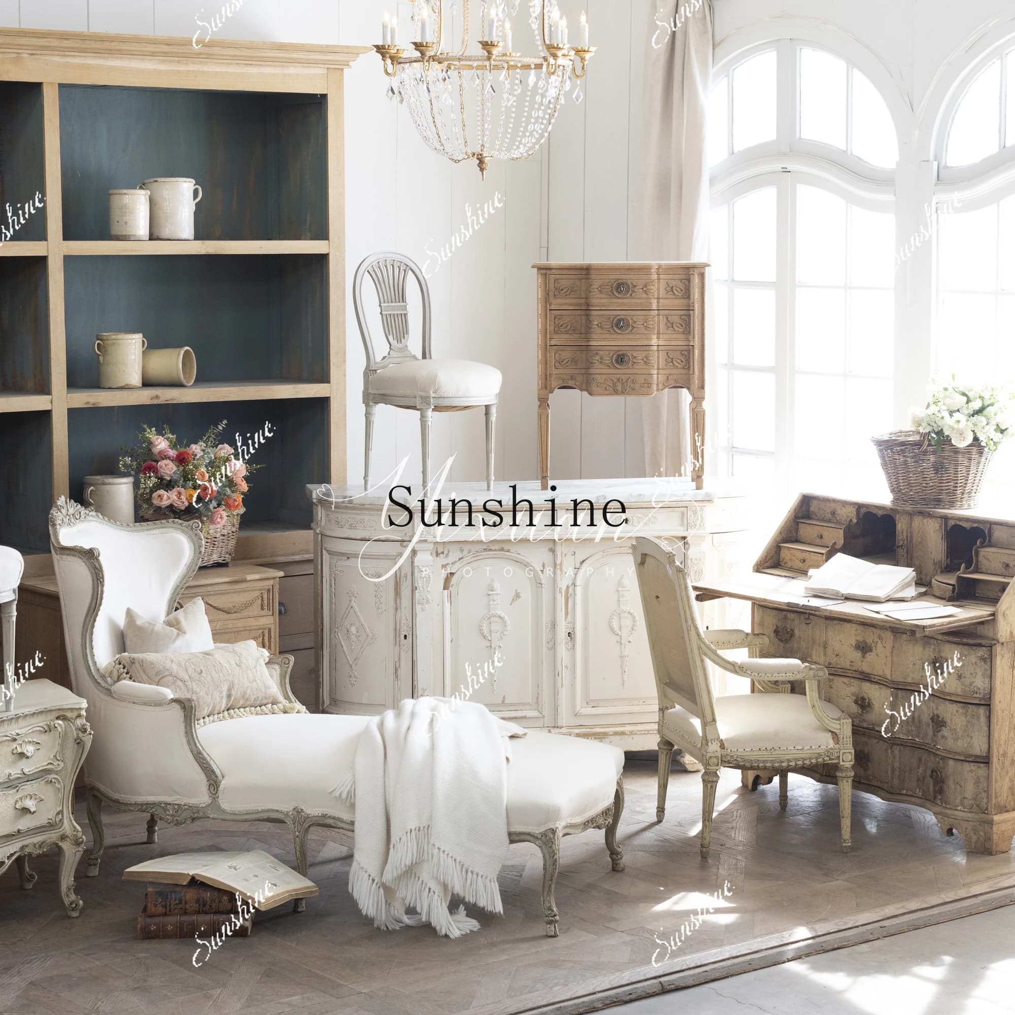 French retro solid wood old carved dining side cabinet marble countertop living room decorative cabinet  FT