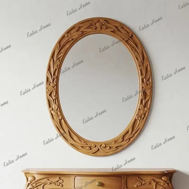 European Baroque Art Retro Decorative Mirror Luxury-Style Hotel Wall-Mounted Bedroom Customization Wooden Frame Dressing Mirror