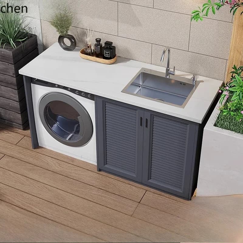 DSABalcony Washing Machine Cabinet Combination Outdoor Patio Waterproof Sunscreen with Washboard Washbasin Cabinet