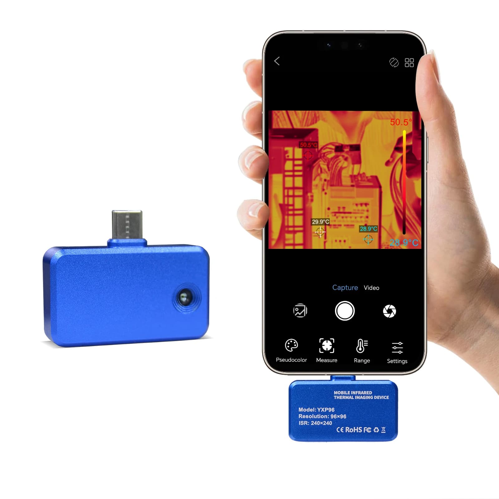 Phone Thermal Imager Infrared Camera 96x96 25Hz -20 550C Type C for Industrial Electrical HVAC Automotive DIY Inspection