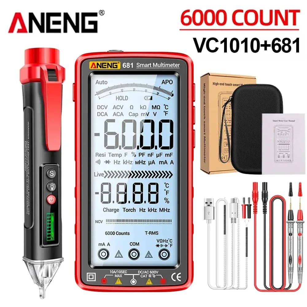 Professional Multimeter Tester ANENG 681 AC/DC Voltage Meter LCD Screen Current Rechargable+VC1010 Voltage Detector Tester Pen