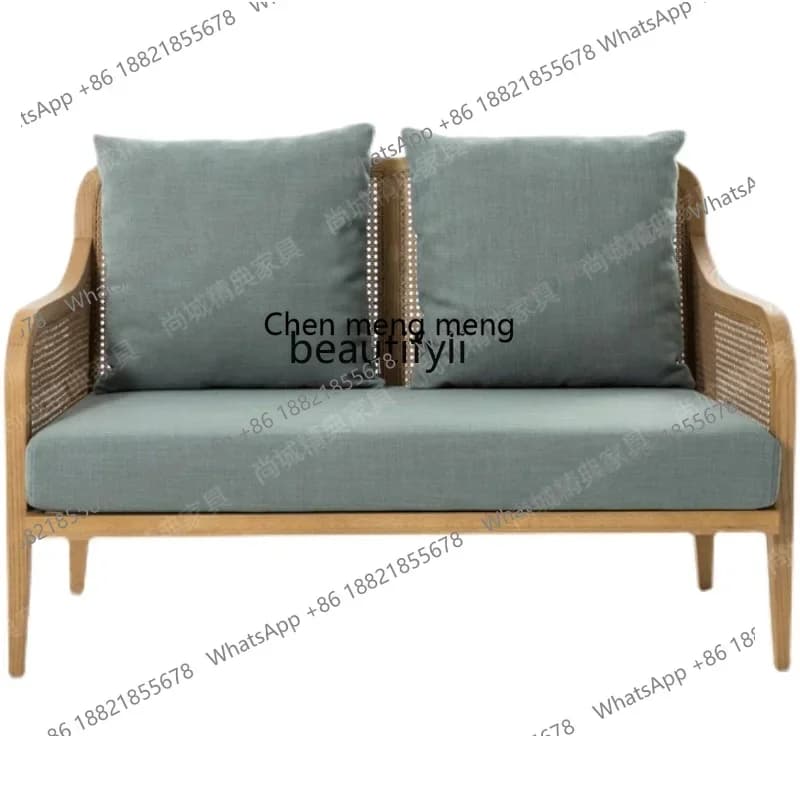 cc182French solid wood log color simple braided rattan sofa double three person fabric balcony small apartment furniture R